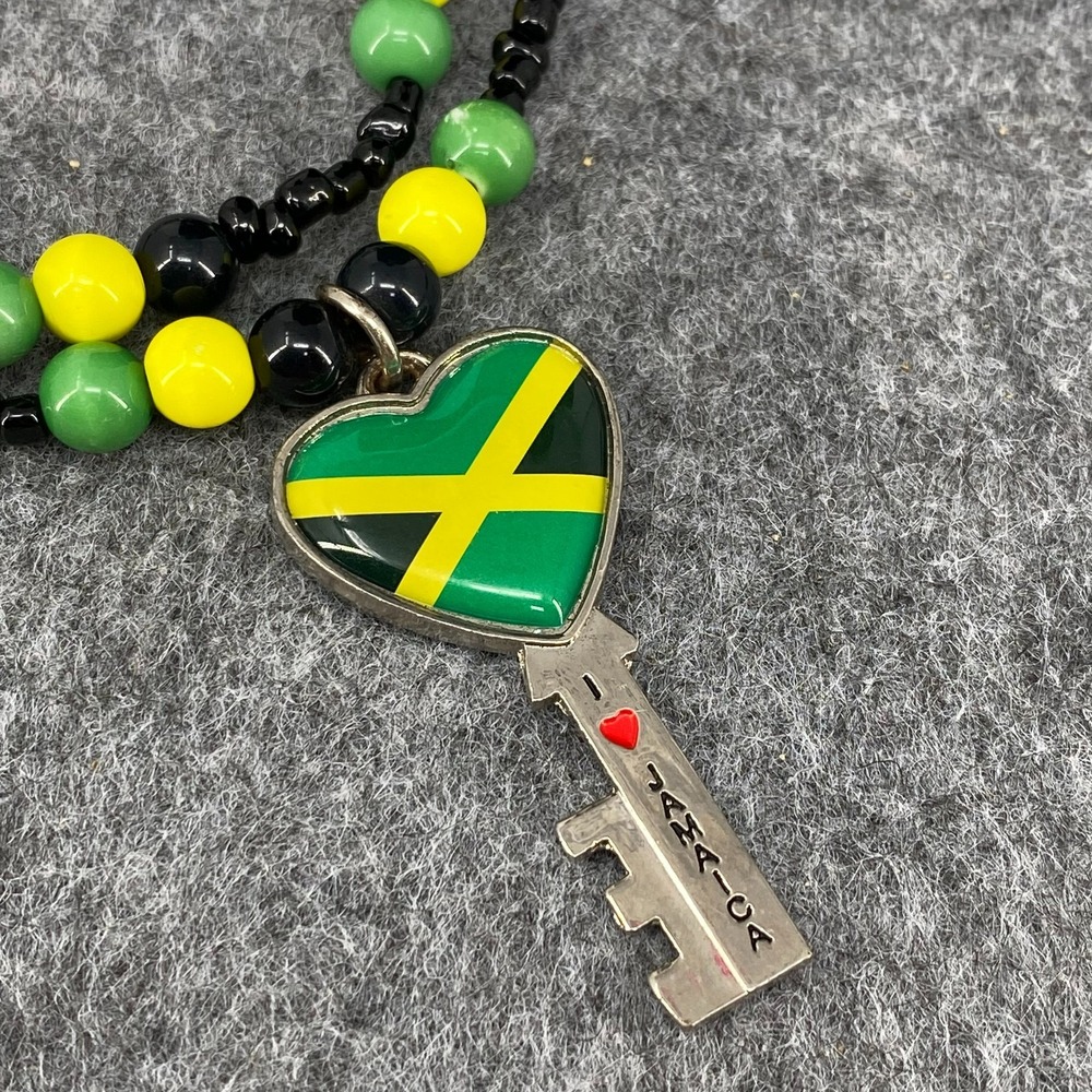 I Love Jamaica Beaded Necklace Black Yellow Green Heart Key Pendant 23"